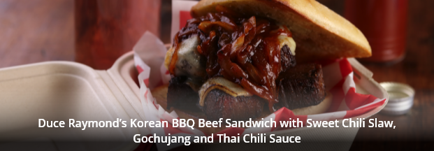 Duce Raymond’s Korean BBQ Beef Sandwich with Sweet Chili Slaw, Gochujang and Thai Chili Sauce