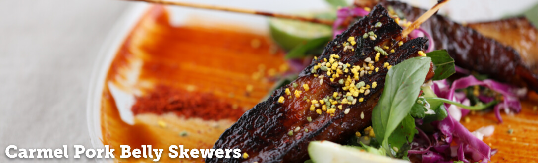 Carmel Pork Belly Skewers