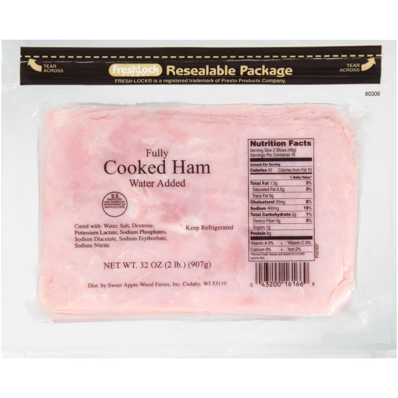 Sliced Cooked Ham, .84 oz slice, 2 Pound Packages, 6 Packages per Case