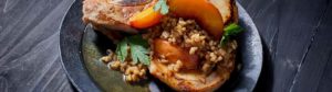 Pork Chops with Peaches, Farro and Burnt Honey Vinaigrette